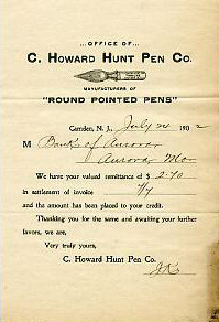 C. Howard Hunt Pen Co. receipt, July 24, 1902