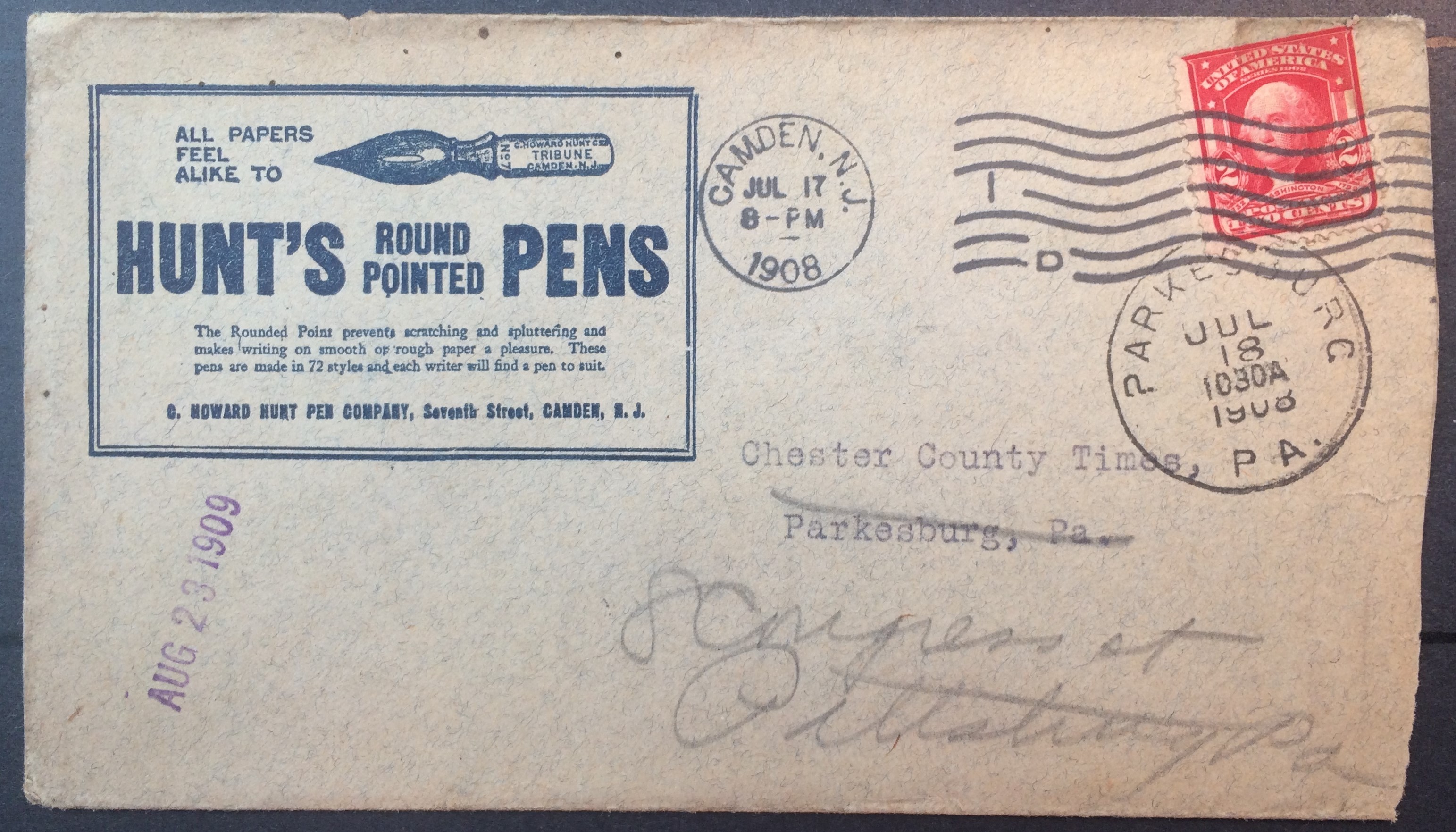 C. Howard Hunt Pen Company advertising envelope, postmarked Camden, NJ, July 17, 1908, addressed to Chester County Times, Parkesburg, PA