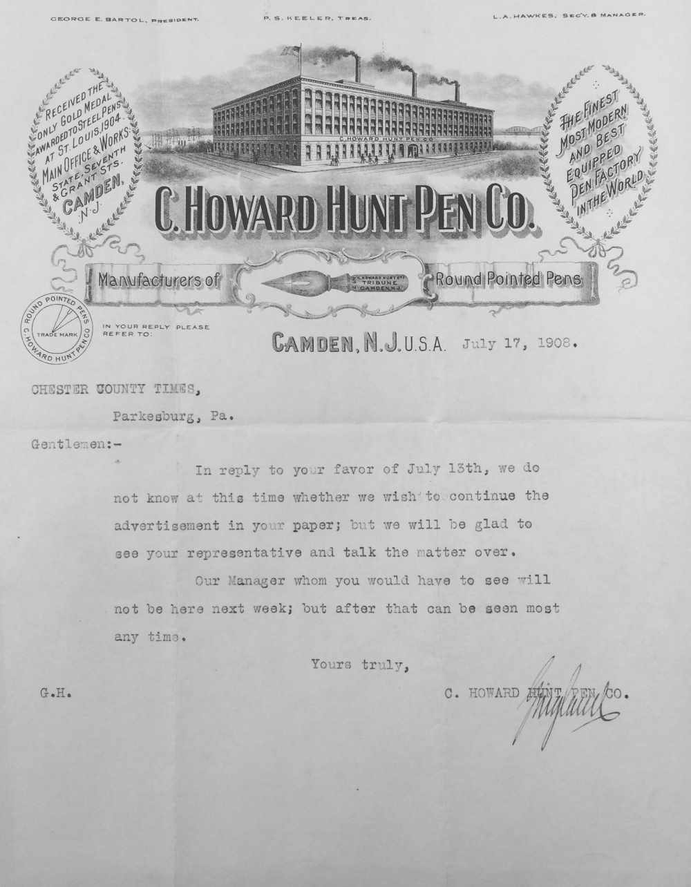 C. Howard Hunt Pen Co. letter to Chester County Times, July 17, 1908, signed by George E. Bartol, President