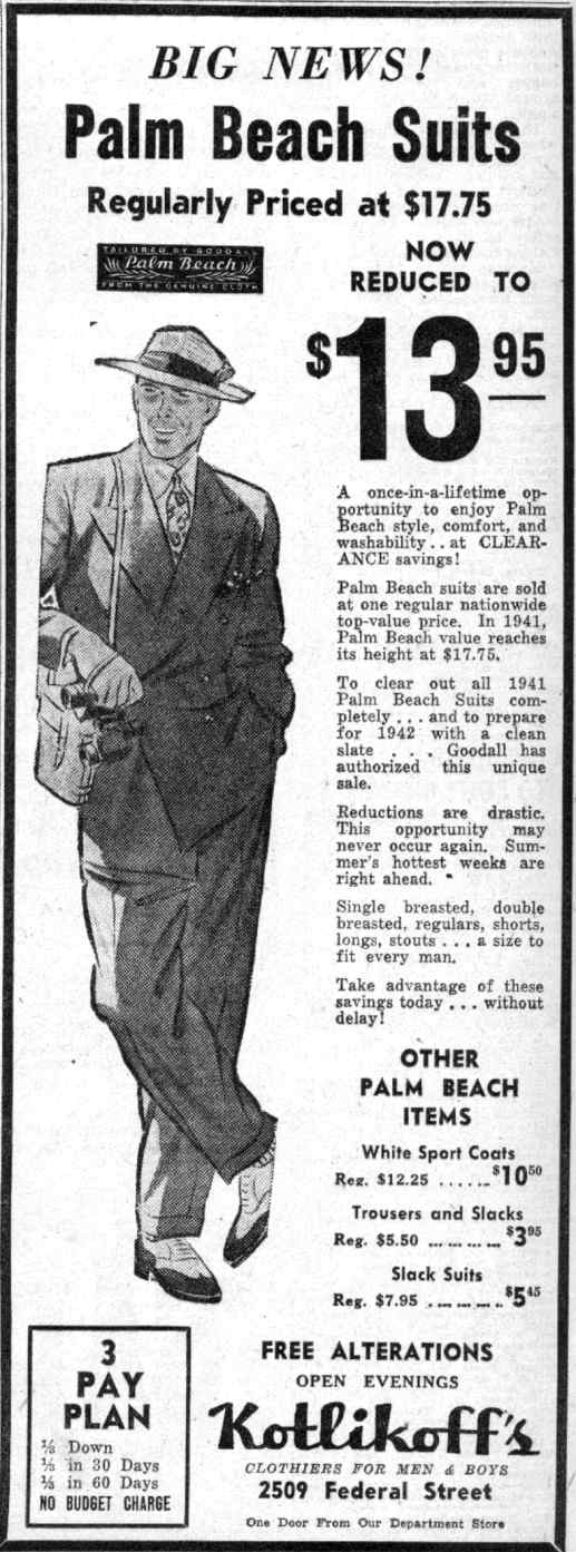 Kotlikoff's Palm Beach Suits advertisement — Camden Courier-Post, July 23, 1941