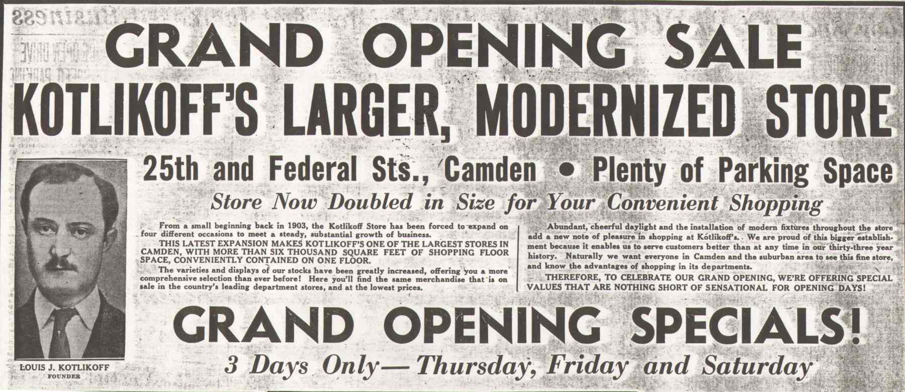 Grand Opening Sale — Kotlikoff's Larger, Modernized Store — Camden Courier-Post, October 8, 1936