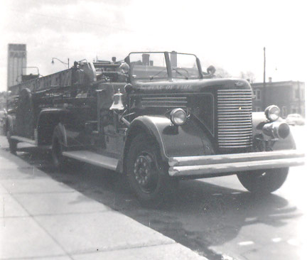 1947 Pirsch 100-foot Aerial, parked on Federal Street below 27th Street, 1950s or 1960s