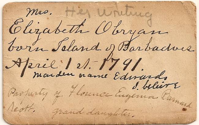 Lecture ticket reverse — handwritten provenance note for Elizabeth O'Bryan