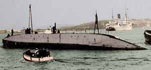 Nautilus being towed into Portsmouth, England
