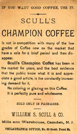 William S. Scull & Company advertising trade card, 19th century — reverse