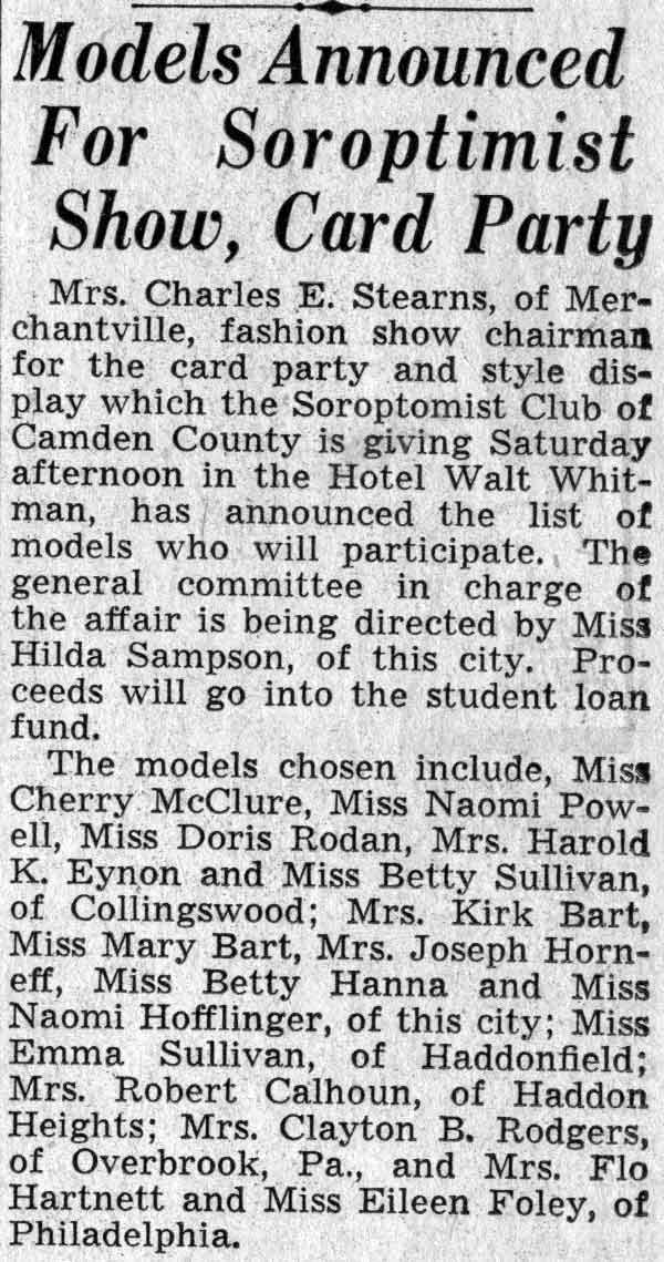 Soroptomist Club at Hotel Walt Whitman, February 21, 1938