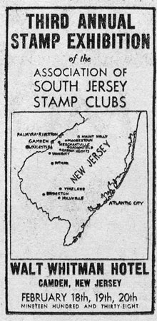 South Jersey Stamp Clubs — Third Annual Stamp Exhibition, Hotel Walt Whitman, February 1938