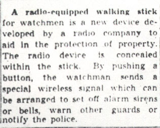 Radio-equipped walking stick for watchmen — Camden Courier-Post, January 5, 1942