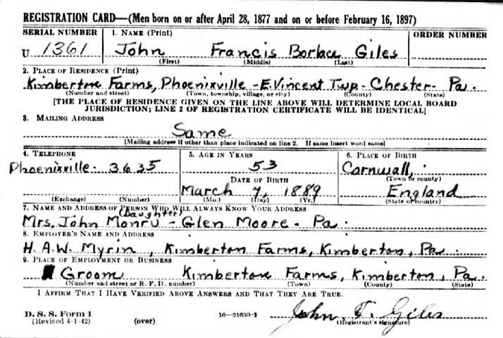 John Francis Giles, World War II draft card, front