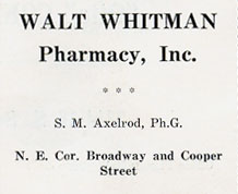 Walt Whitman Hotel Pharmacy — S.M. Axelrod, Pharmacist, January 1939