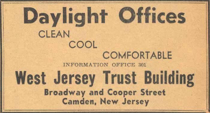 Advertisement — Daylight Offices, West Jersey Trust Building, Broadway and Cooper Street, Camden, NJ — Camden Courier-Post, August 1, 1938