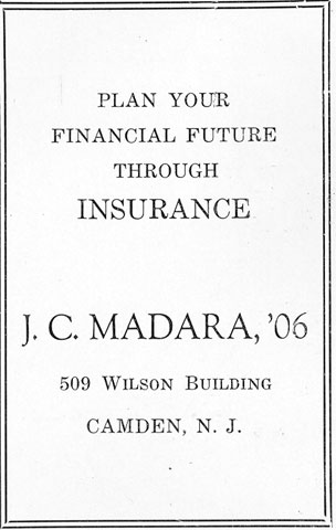 Advertisement for J. C. Madara, 509 Wilson Building, Camden, NJ — Camden High School Purple & Gold Yearbook, January 1928