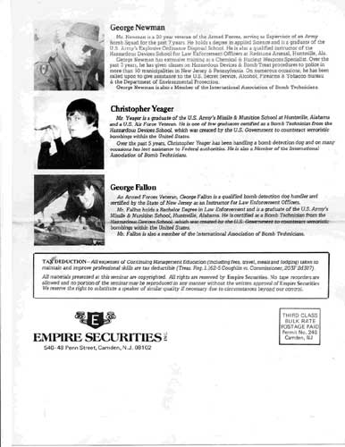 Empire Securities bomb readiness seminar brochure back cover with instructor bios and mailing address