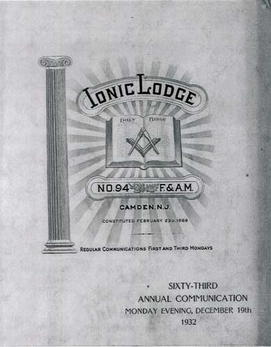 Ionic Lodge No. 94 F. & A.M. — Sixty-Third Annual Communication, Monday Evening, December 19th, 1932 — program cover