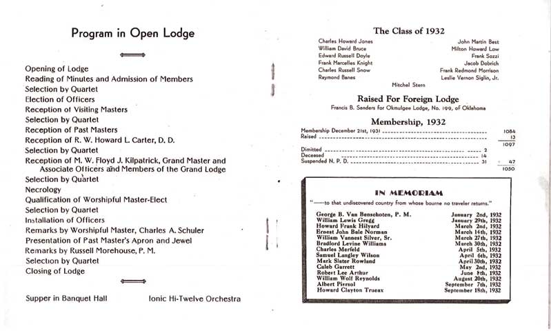 Ionic Lodge No. 94 — 1932 Annual Communication program, Class of 1932, Membership statistics, In Memoriam