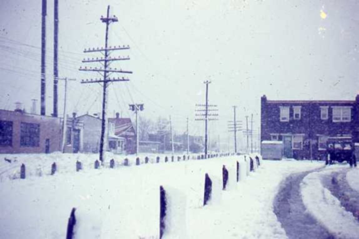 Looking west from South 8th Street north of railroad tracks at Bulson Street, mid-1950s