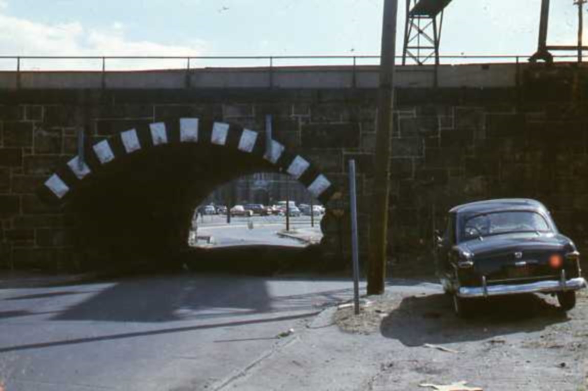 Looking east on South 11th Street towards the Armory-Public Works Building on Wright Avenue, mid-1950s