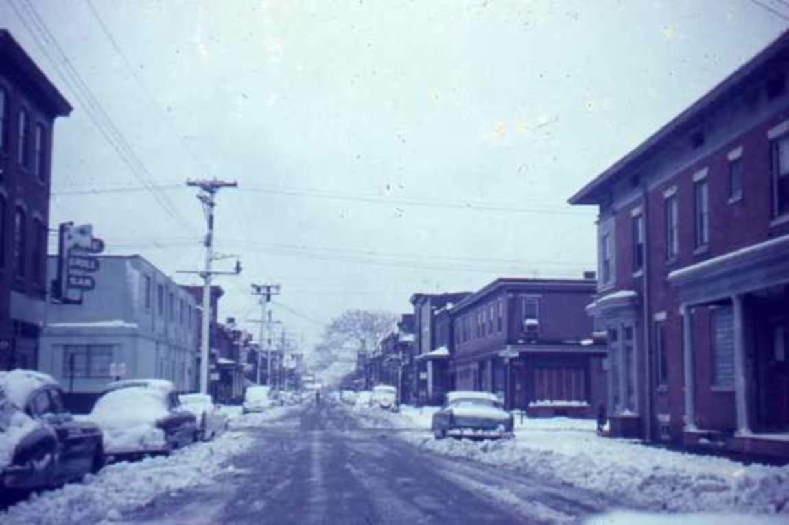 Looking south on South 5th Street to the intersection of South 5th Street and Pine Street, mid-1950s