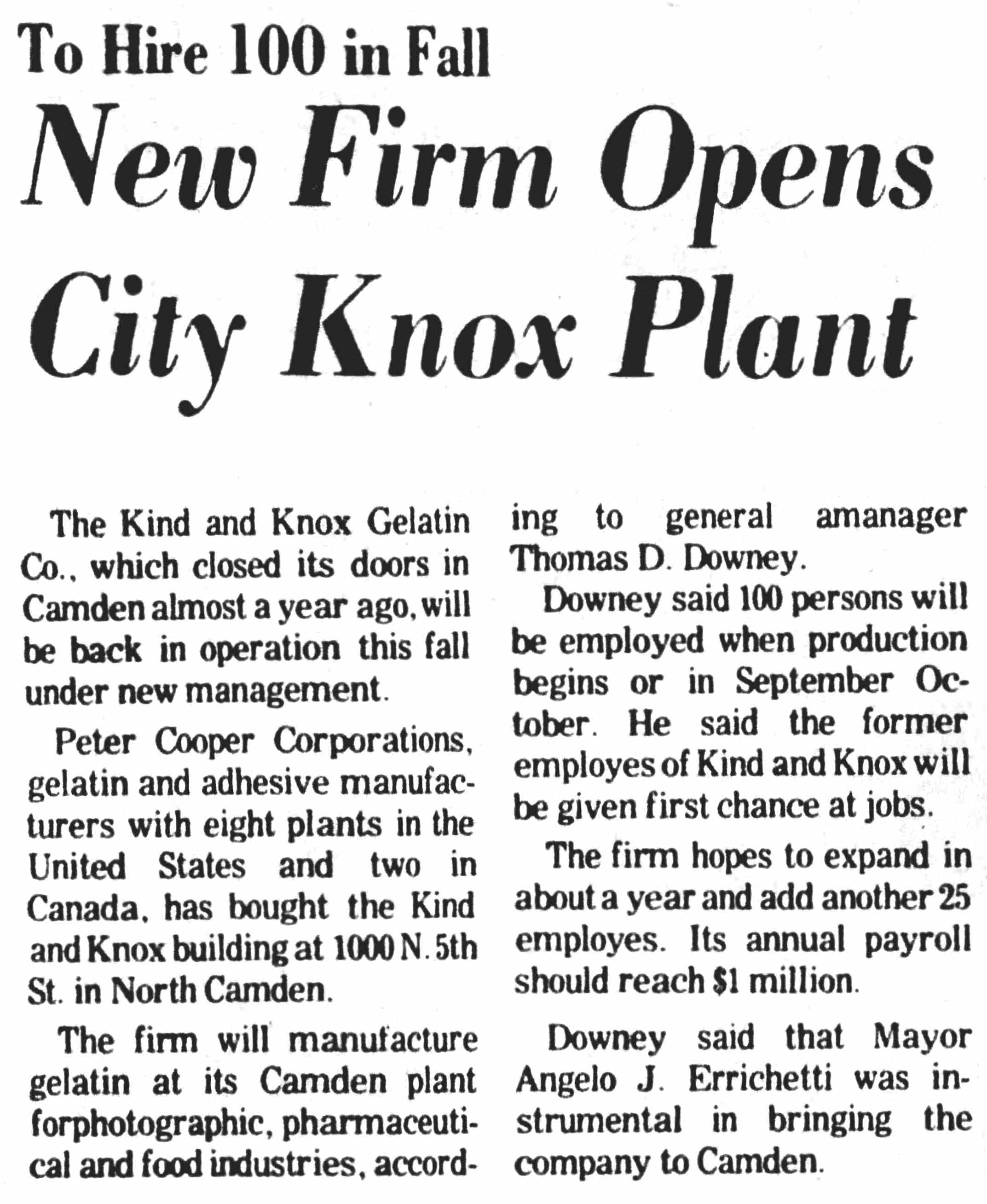 Knox Gelatin jobs announcement article