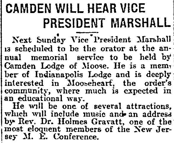 Camden Will Hear Vice President Marshall — Philadelphia Inquirer April 15, 1914