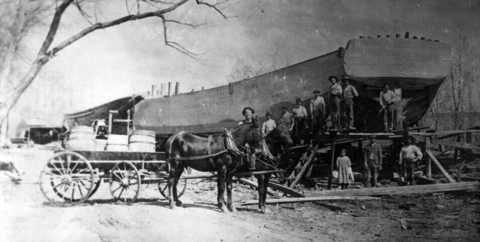 Boat construction near the drydock, possibly at the Noecker, Rickenbach and Ake Shipyard at Cramer Hill, Camden, NJ, c. 1880s-1890s