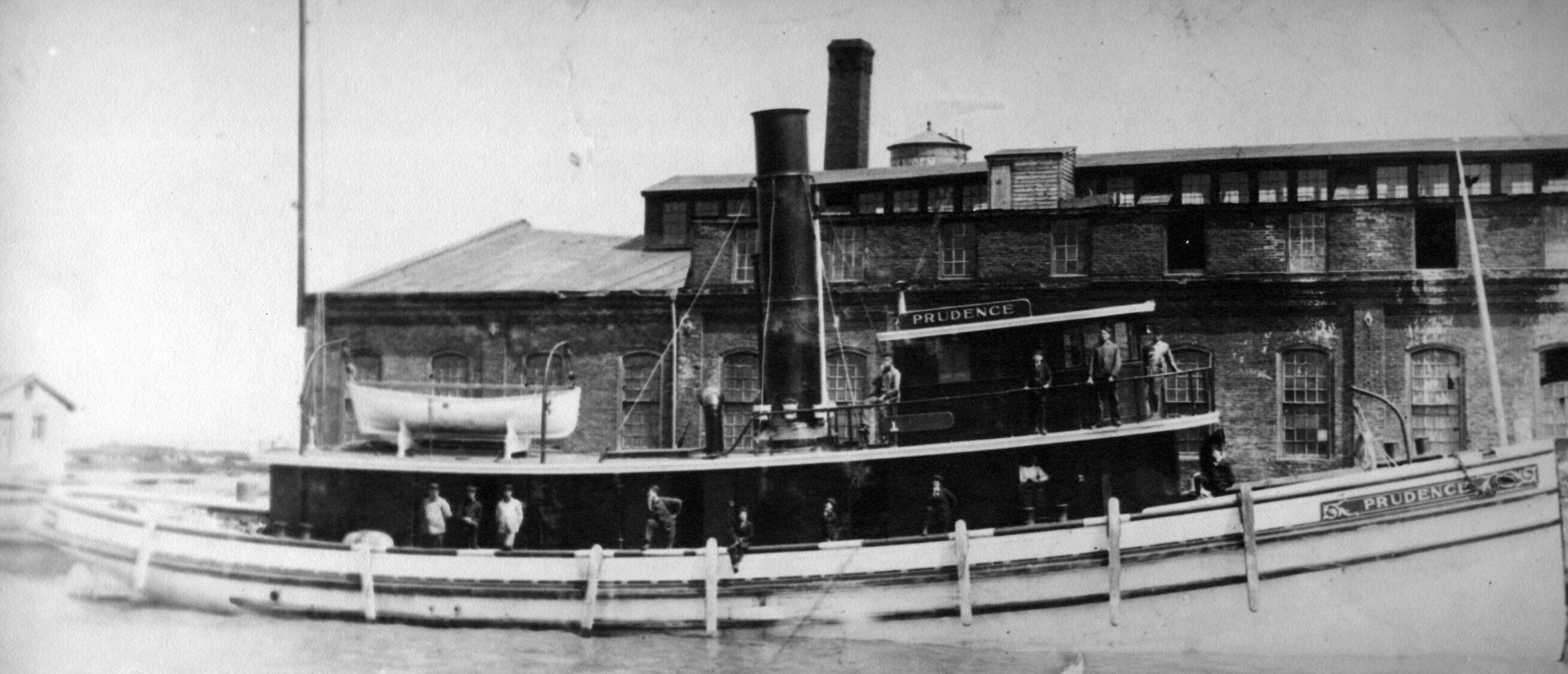 Steamboat Prudence in the foreground, with what may be the Noecker, Rickenbach and Ake Shipyard behind — Cramer Hill, Camden