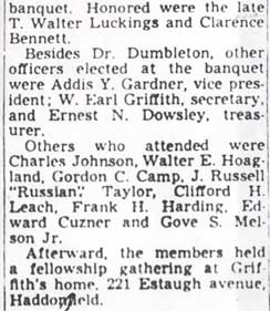 Dr. Dumbleton Heads Survivors of Early Century Sportsmen - Camden Courier-Post, January 25, 1950