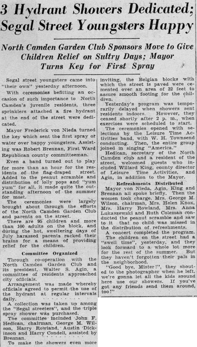 3 Hydrant Showers Dedicated; Segal Street Youngsters Happy - Camden Courier-Post, August 8, 1935