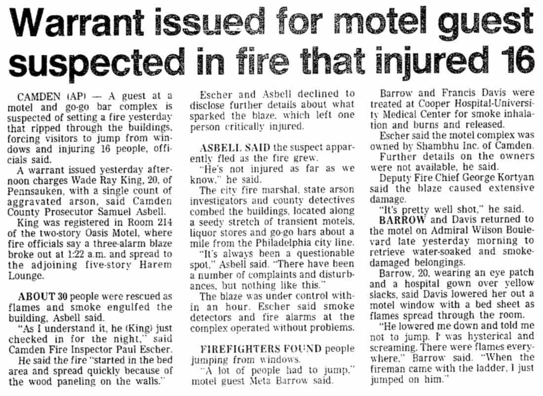 Warrant issued for motel guest suspected in fire that injured 16 — Trenton Evening Times, March 28, 1987