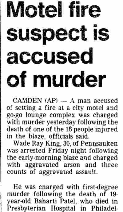 Motel fire suspect is accused of murder — Trenton Evening Times, April 1, 1987