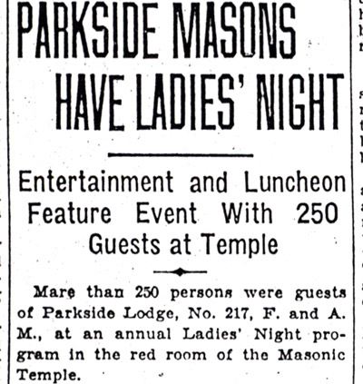 Parkside Lodge No. 217 F. & A.M. event, Masonic Temple, November 28, 1930