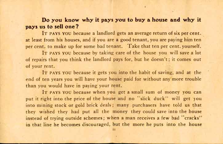 Do you know why it pays you to buy a house — text page, Wood Manufacturing Co. brochure, c. 1910