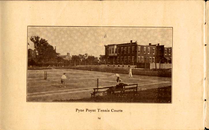 Pyne Poynt Tennis Courts — Highland Mills at 10th and State Street visible in background — Wood Manufacturing Co. brochure, c. 1910