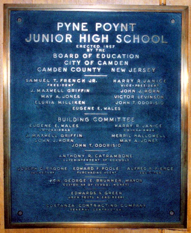 Pyne Poynt Junior High School 1957 dedication plaque, panel 1