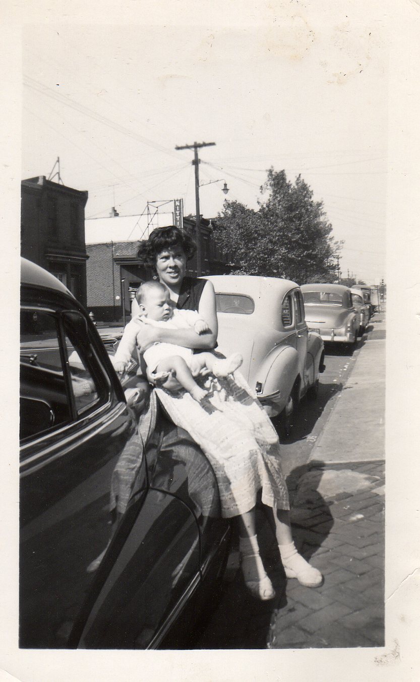 Mary and Michael Becoskie, 1950s. Looking north on North 7th Street, from in front of 510. Nittinger's Tavern is in background.