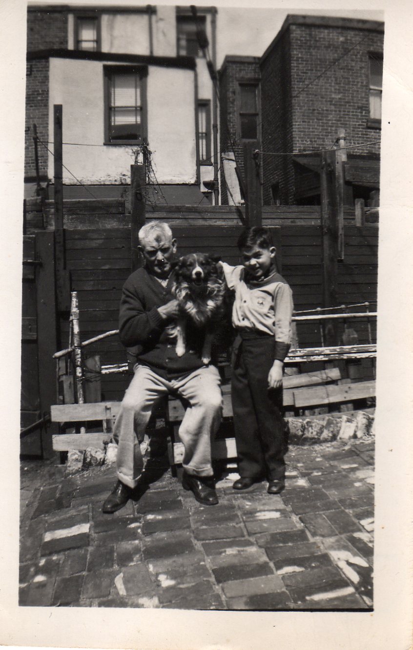 625 Elm Street backyard, early 1950s. Grandfather Hugh Kennedy, his dog Skippy, Raymond H. Becoskie.