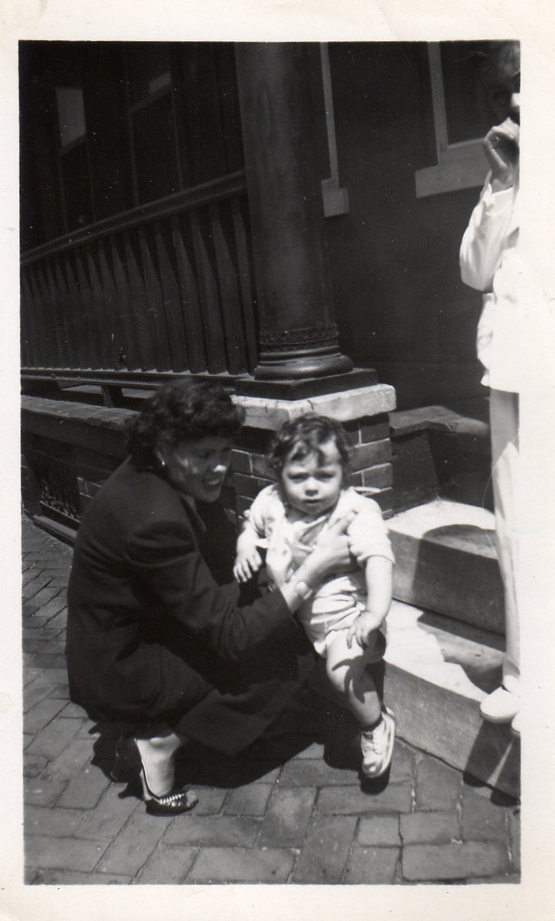 625 Elm Street porch steps — Mary Becoskie with son Michael, 1953