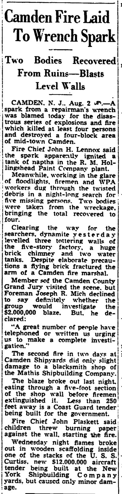 Trenton Times, August 2, 1940 — the Hollingshead fire and Camden shipyards