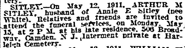 Philadelphia Inquirer, May 15, 1911 — Arthur M. Sitley obituary