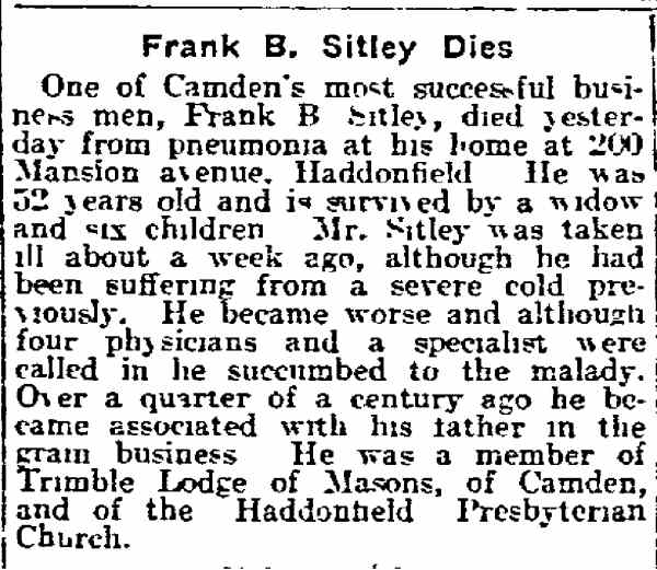 Philadelphia Inquirer, April 21, 1915 — Frank Budd Sitley obituary