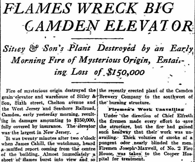 Flames Wreck Big Camden Elevator — Philadelphia Inquirer headline