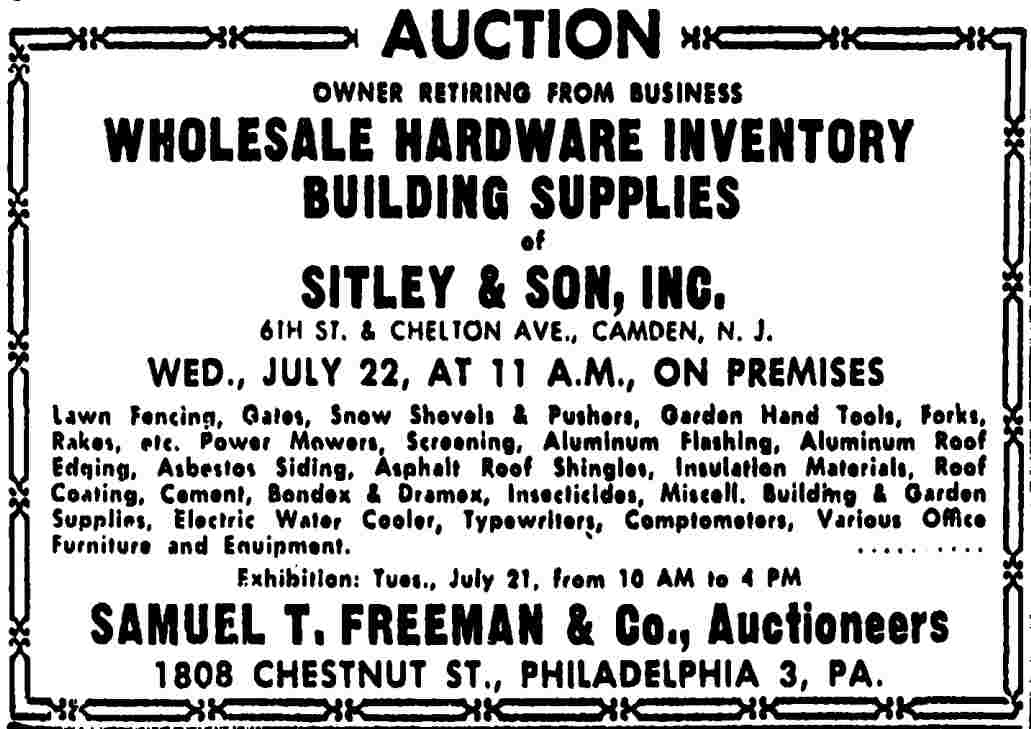Trenton Evening Times, July 20, 1959 — Sitley & Son closing