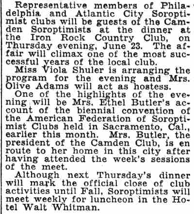 Philadelphia and Atlantic City Soroptimists to Be Guest of Local Club at Dinner — Camden Courier-Post, June 18, 1932