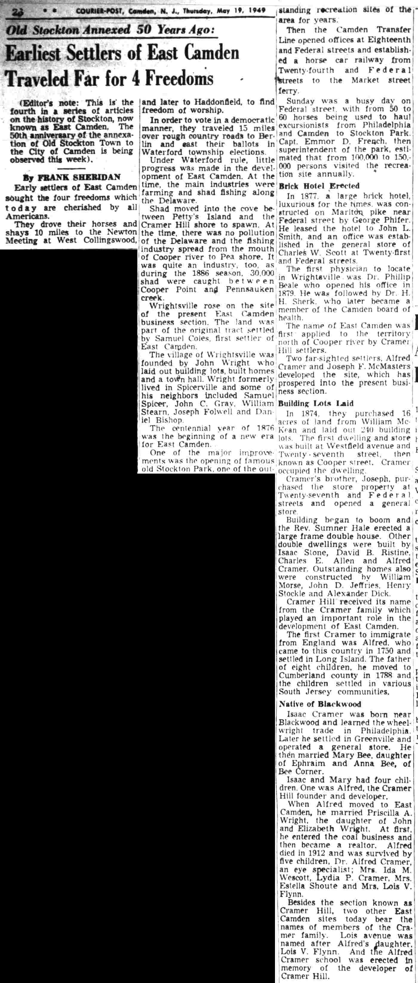 East Camden & Cramer Hill — Camden Courier-Post, May 19, 1949