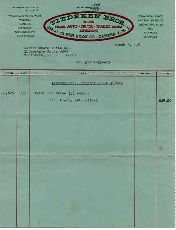 1981 Tiedeken Brothers invoice