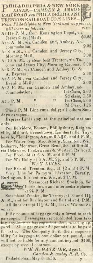 Camden & Amboy Railroad advertisement, May 22, 1858