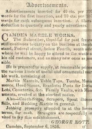 Camden Marble Works, George Mott advertisement, May 22, 1858