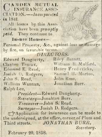 Camden Mutual Insurance Association advertisement, May 22, 1858