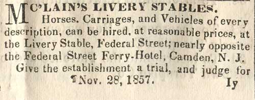 McLain's Livery Stables advertisement, May 22, 1858