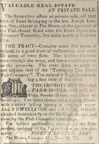 Joseph Lonton, Pea Shore & Fish House Road advertisement, May 22, 1858